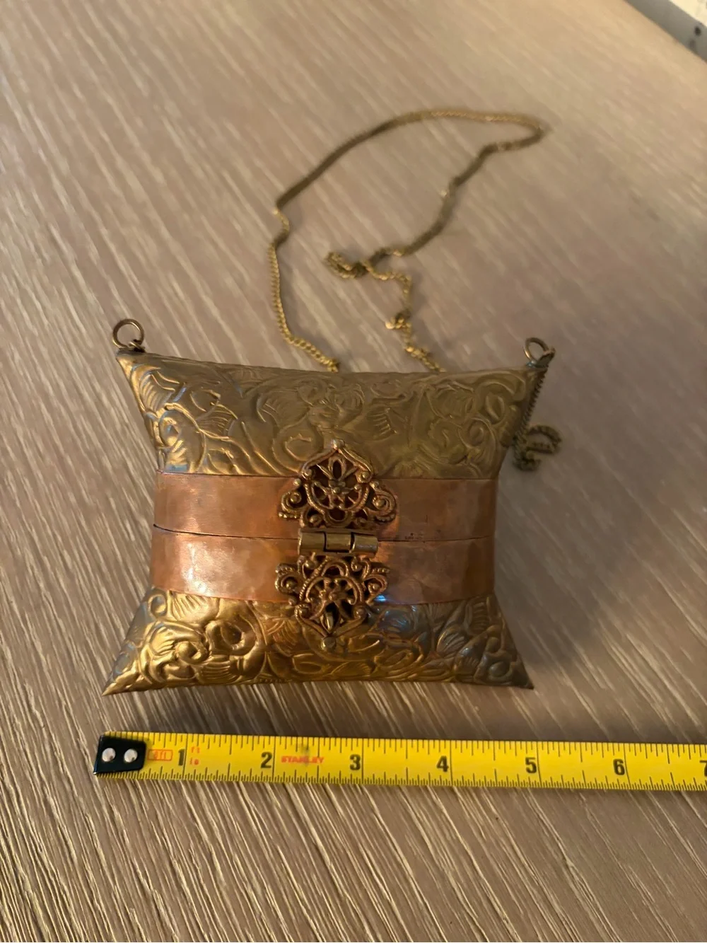 Vintage 1930s Art Deco embossed brass & copper pillow purse